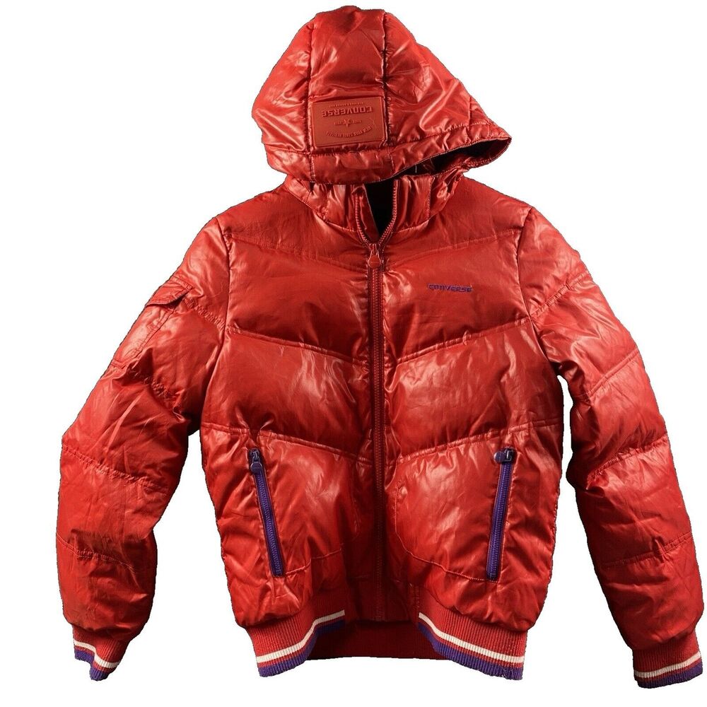 Converse Vintage 90s Puffer Jacket Hoodie Red Purple Women Size M Bomber Coat Zi